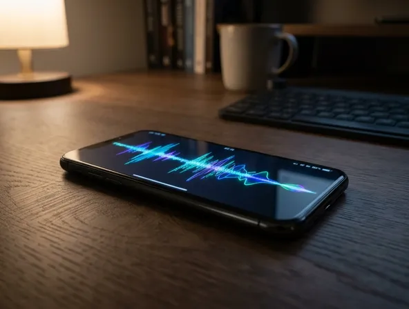 Mobile phone with audio wave visualization on screen, technology concept