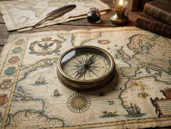 Historic compass and old map, vintage aesthetic, heritage symbols