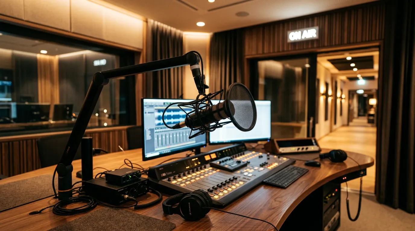 Modern radio studio with microphone and broadcast equipment, warm lighting, professional setting