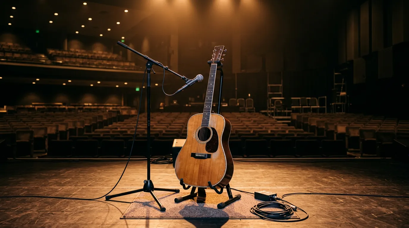 Acoustic guitar on stage with microphone, warm stage lighting, empty concert venue